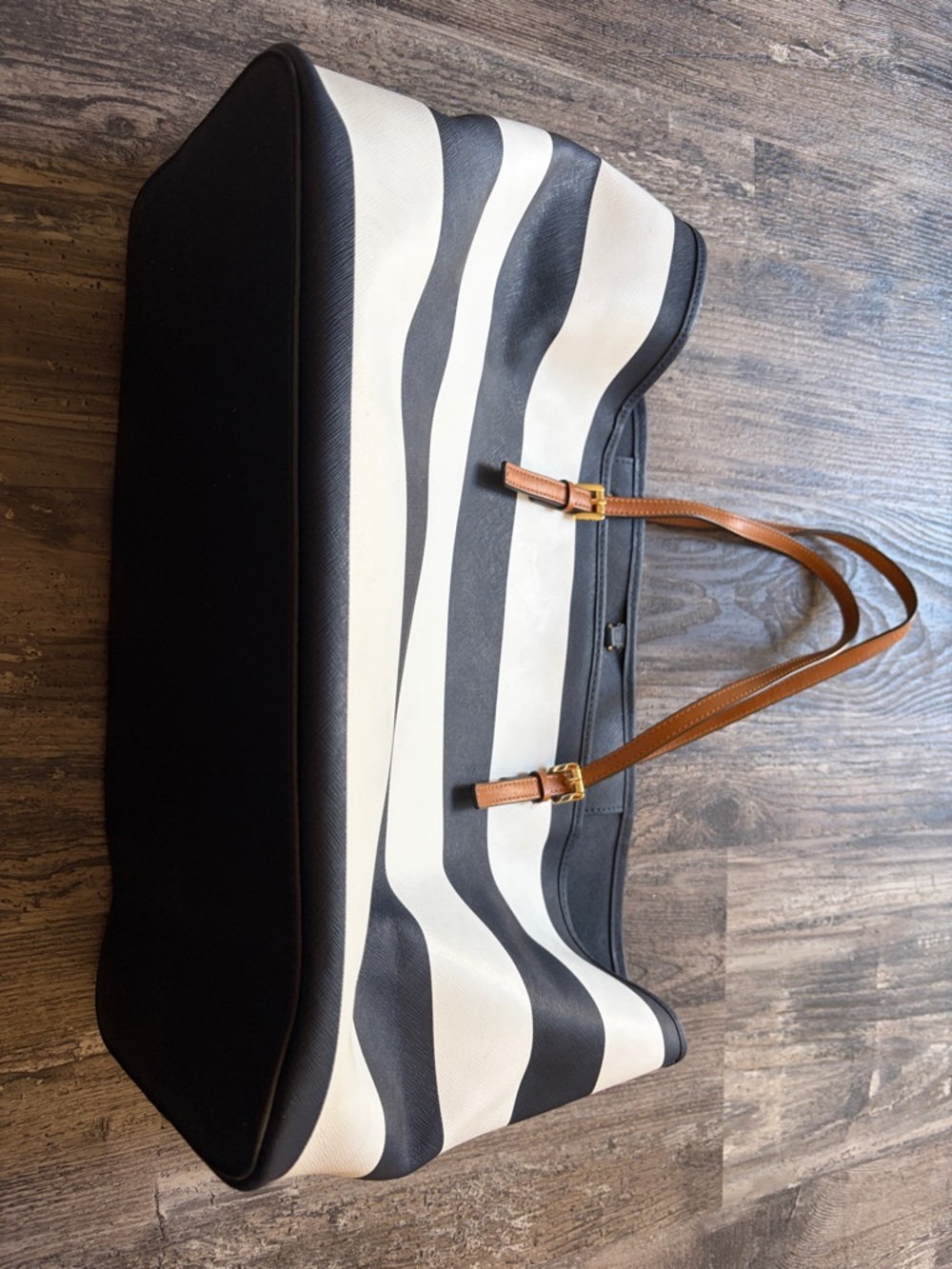 Michael Kors Navy & White Striped Tote with Tan Leather Accents - Picture 3 of 3